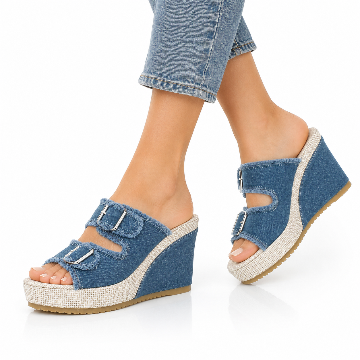 Magda - Sandalo In Tessuto Denim con Zeppa