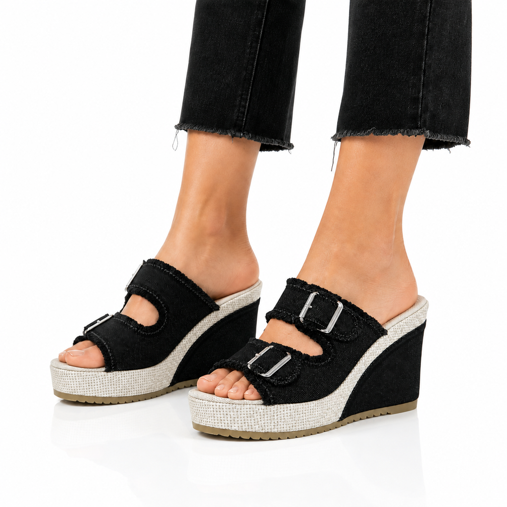 Magda - Sandalo In Tessuto Denim con Zeppa