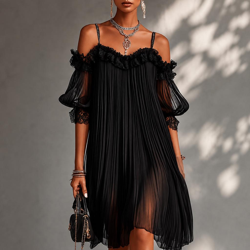 Victoria - Abito Mini Nero in Mussola con Bordi in Pizzo