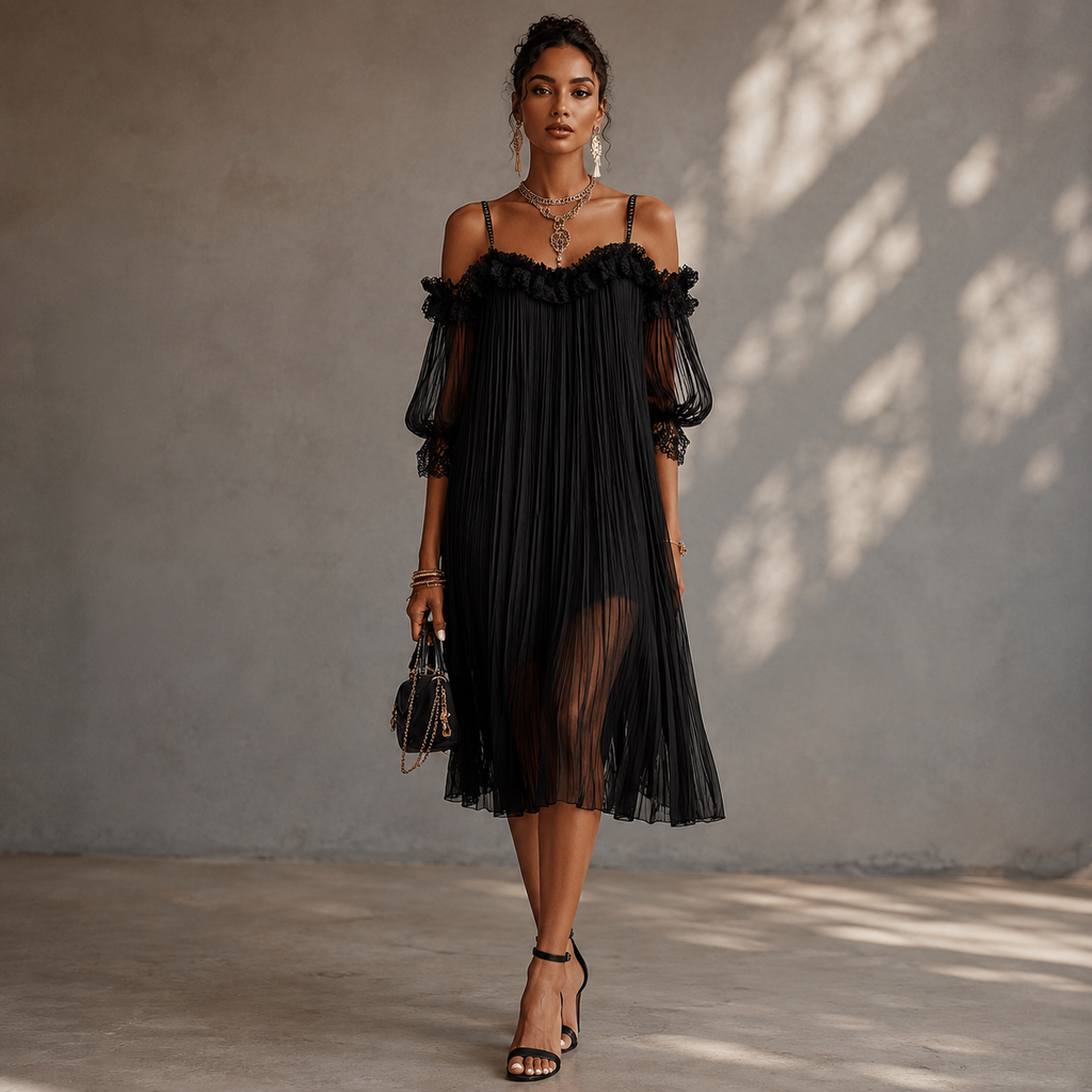 Victoria - Abito Mini Nero in Mussola con Bordi in Pizzo