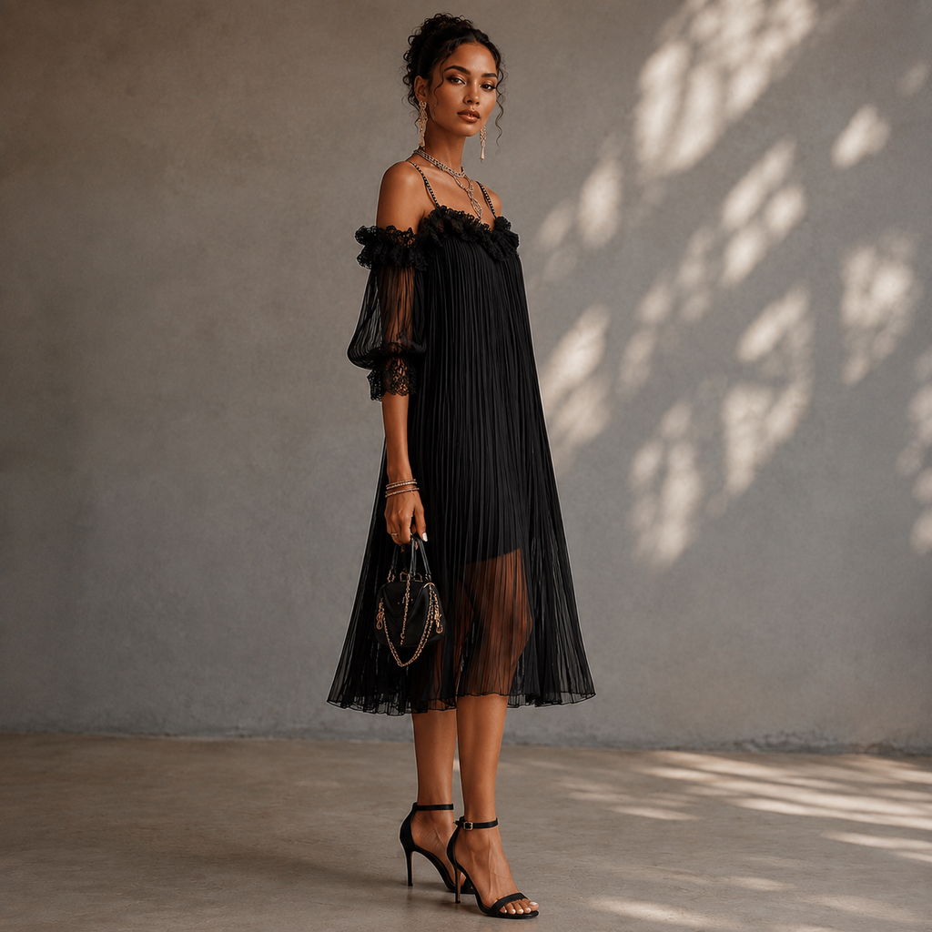 Victoria - Abito Mini Nero in Mussola con Bordi in Pizzo