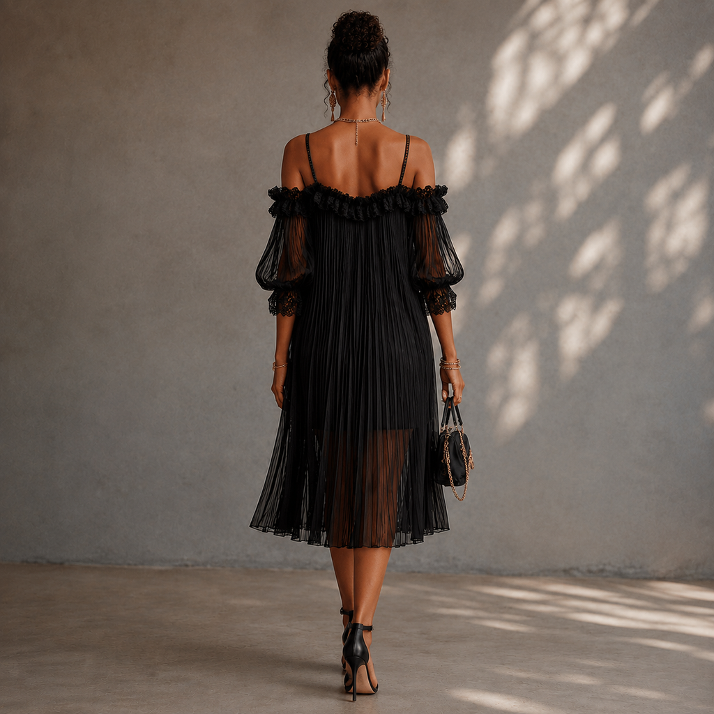 Victoria - Abito Mini Nero in Mussola con Bordi in Pizzo
